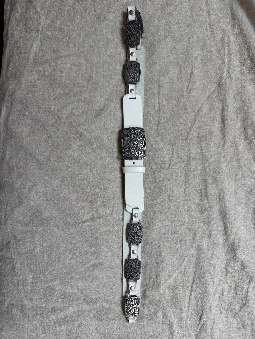 Lorena Antoniazzi White Leather Belt with Ornate Silver-Tone Metal Panels
